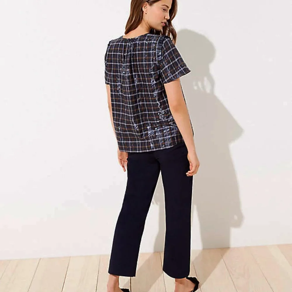 NEW Loft 18W Blue Shimmer Plaid Ruffle Peasant Top - Picture 2 of 6